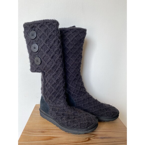 Ugg Australia Womens Boots Size 7 Black Lattice Cardy Sweater Knit S/N 3066 Y2K - Picture 5 of 11